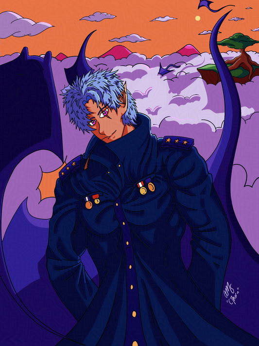 Character in a dark outfit with blue hair against a fantasy landscape with clouds and manta rays.