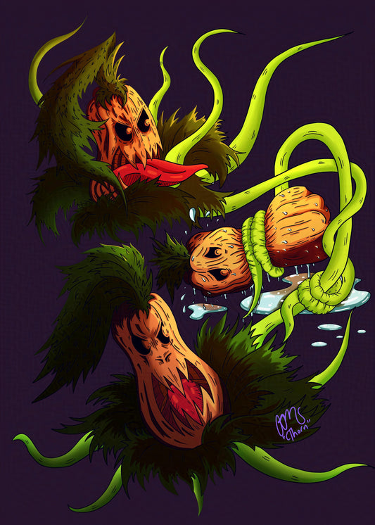 Pumpkin gremlins squeezing another pumpkin gremlin with their vine tentacles.
