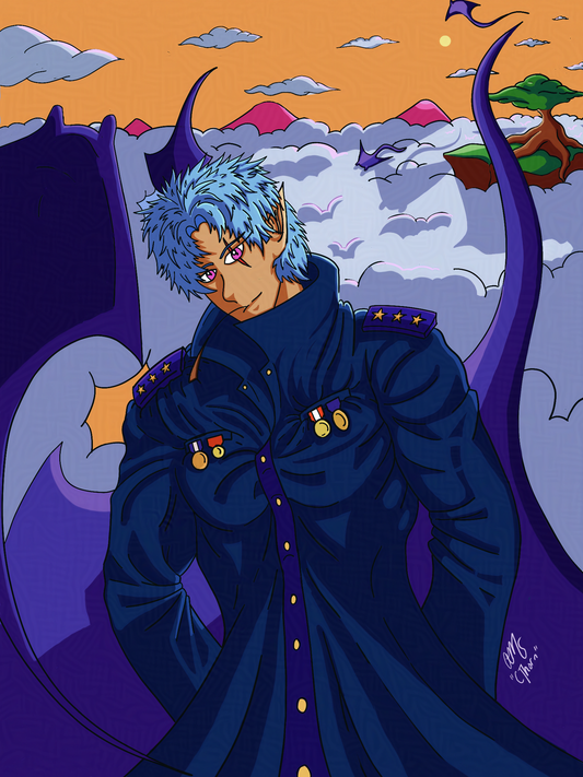 Anime character with blue hair and a dark outfit against a fantasy landscape.