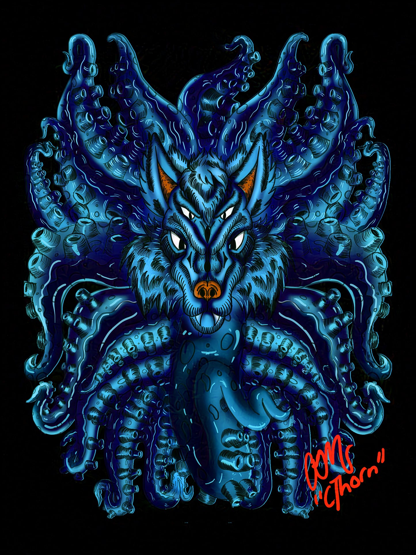 Wolf Cthulhu hybrid monster with tentacles on a black background