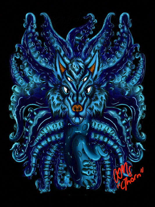 Wolf Cthulhu hybrid monster with tentacles on a black background
